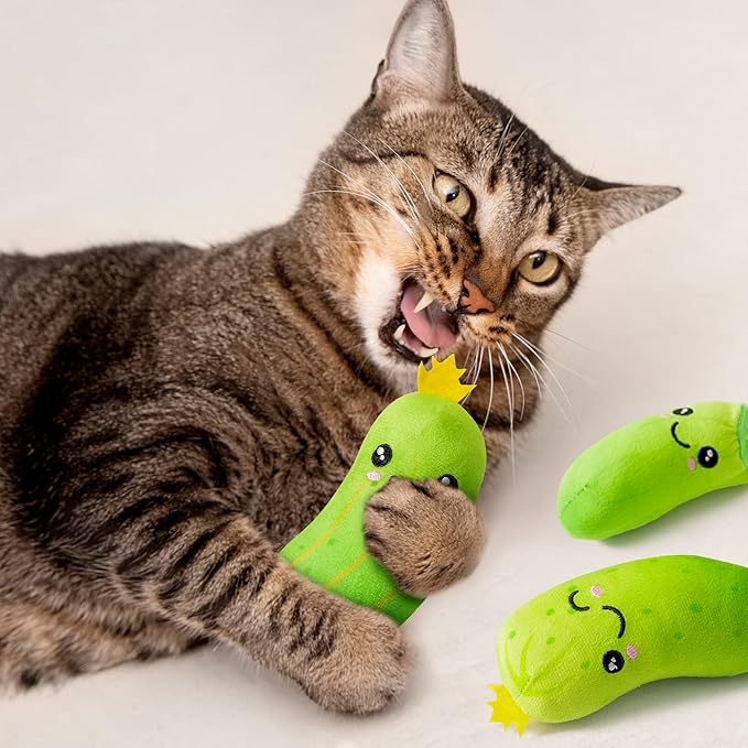 MALLMALL6 Pickle Catnip Cat Toys - 5Pcs Indoor Kitten Chew Bite Kick Cucumber Catmint Interactive Toys for Cat Lover Gifts, Kitty Boredom Relief Supplies with Cute Expression for Pet Birthday Presents