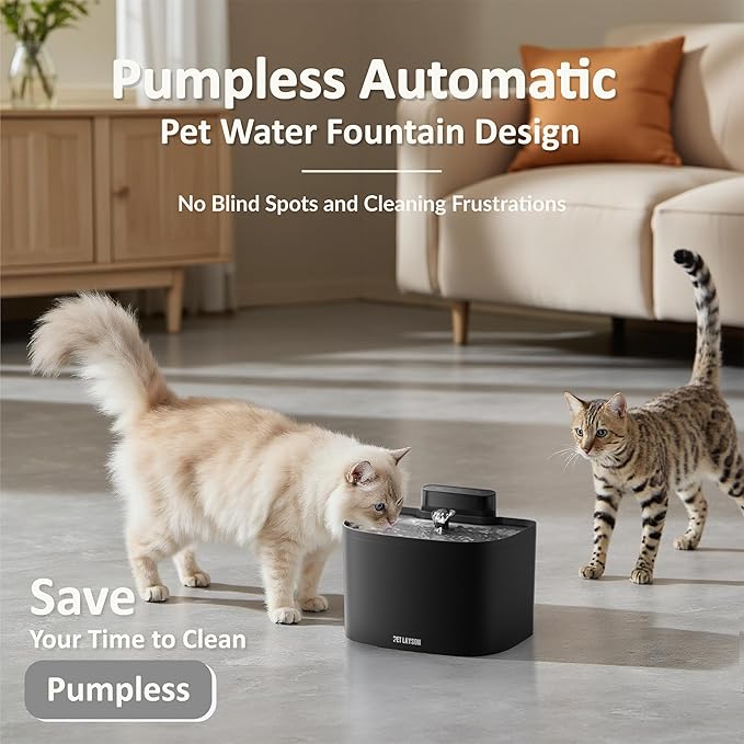 PET LAYSON Pumpless Cat Water Fountain, Smart Cordless Fountains Battery Operated, 3.6L/122oz with Maglev Valve Technology Wireless Rechargeable Water Dispenser for Cat &Dog(Black01, M1-8 Filter)