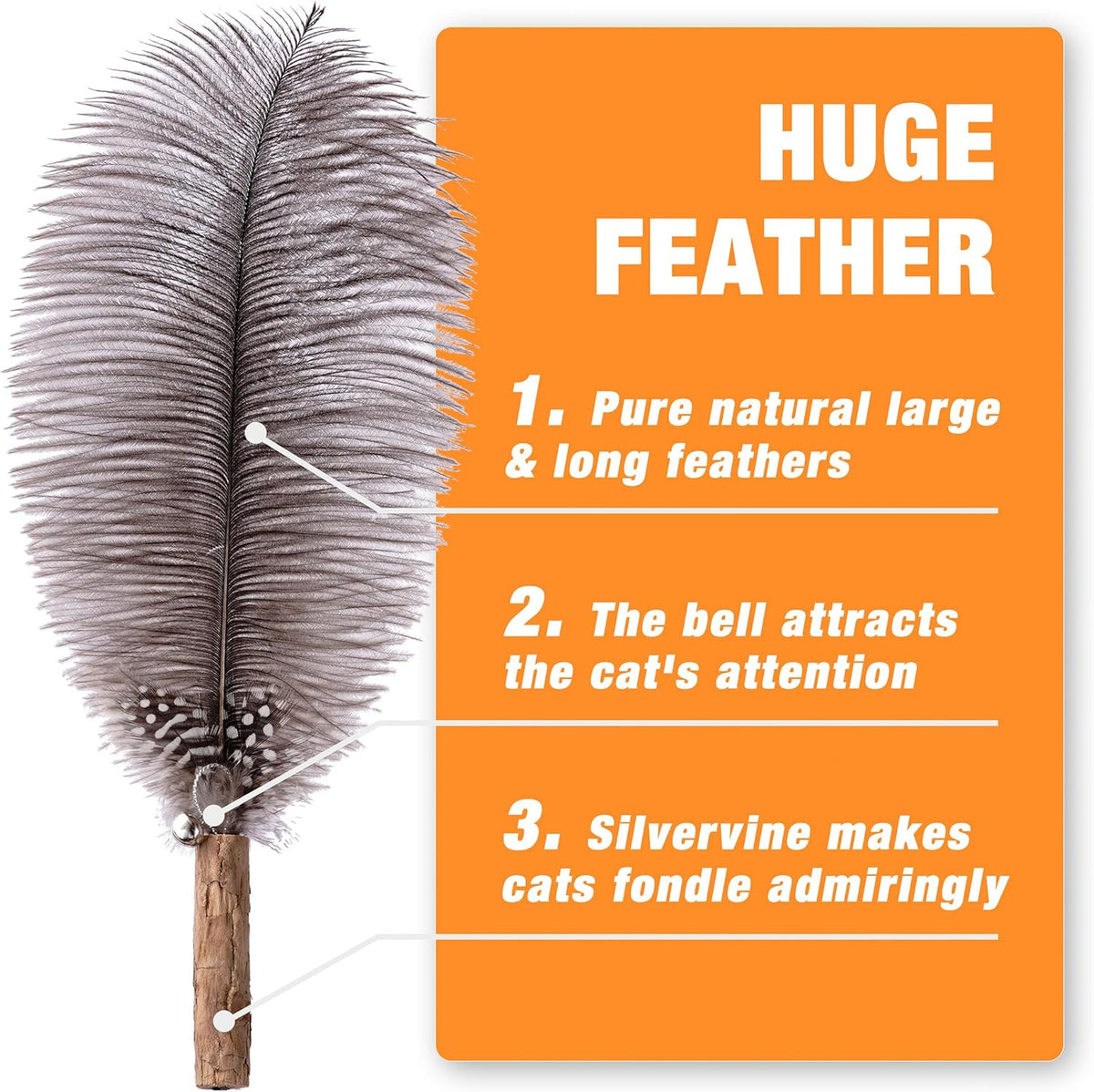 JXFUKAL 2025 Latest Cat Wand Toy, 68”Extra Long Cat Fishing Pole Toy, 4PCS Natural Huge Feather Refills with Silvervine Sticks for Indoor Cats Kitten Kitty Teeth Cleaning Exercise Accessories