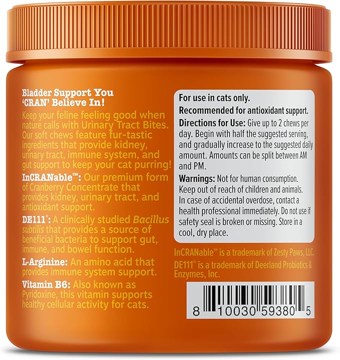 Zesty Paws Cranberry Urinary Tract Bites for Cats - Kidney & Urinary Tract Health - Soft Chews with D-Mannose, Vitamin B6 & L-Arginine - Immune & Gut Support - Bacon - 60 Count