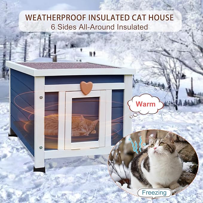 Rockever Outdoor Cat House, Insulated Outdoor Cat House with Warm Liner for Winter, Weatherproof Rabbit Hutch Bunny Cage, Wooden Outside Shelter for Feral Cats, Rabbits-Blue