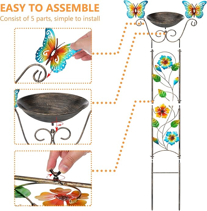 SUNNYPARK Bird Bath with Trellis Outdoor, Antique Garden Iron Plant Trellis with Decorative Floral-Butterflies Detachable Bird Bath Bowl Metal Potted Plants Support for Climbing Flowers