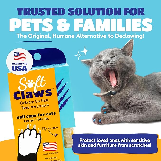 Soft Claws Cat Nail Caps for Large Cats – (40 Caps, Clear) - Made in USA - Veterinarian-Developed | Protects Furniture & Skin - Easy to Apply, Long-Lasting Anti-Scratch Soft Cat Claw Covers