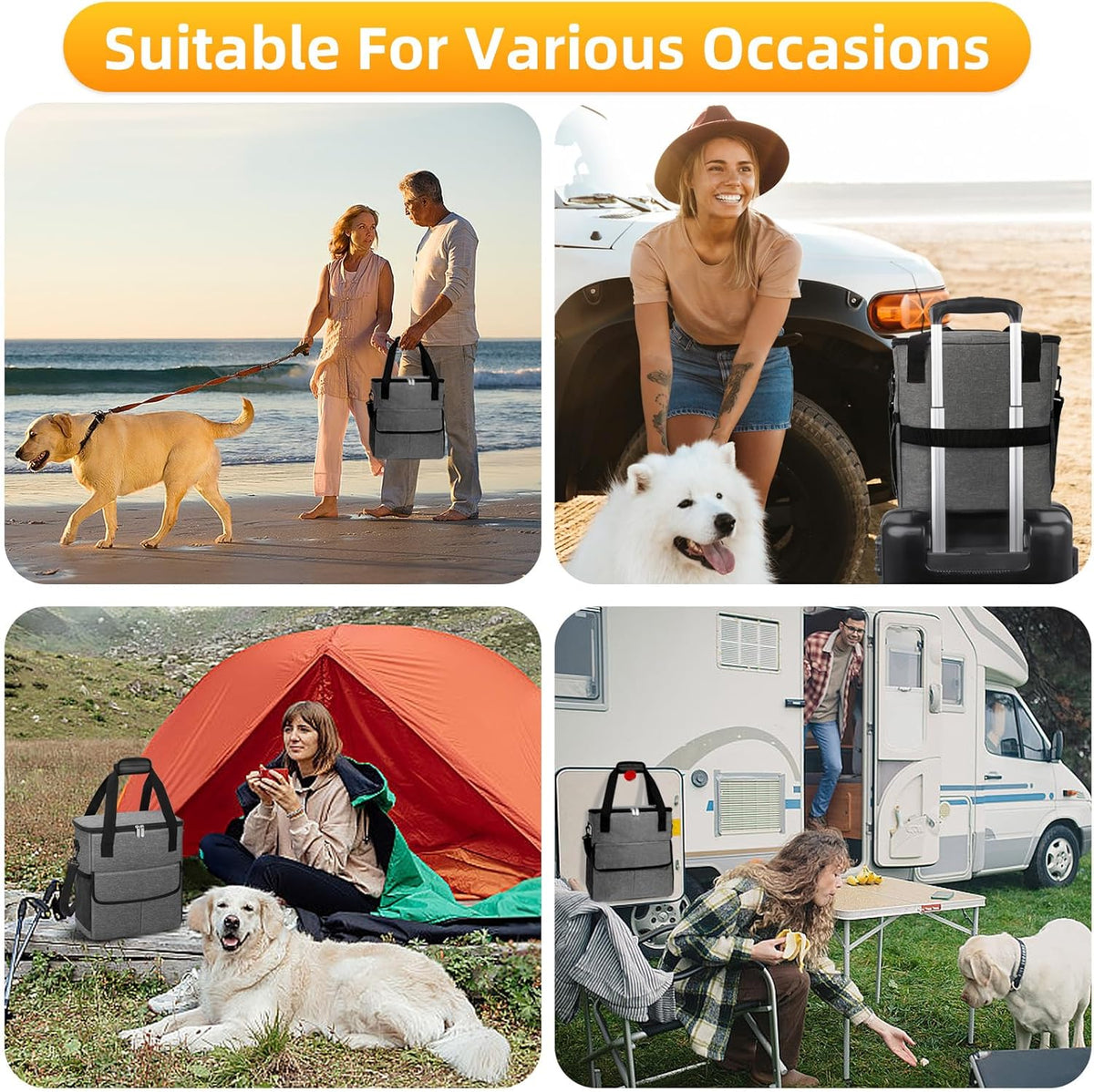 Dog Travel Bag for Camping - Weekend Pet Accessories With 2 Collapsible Bowls, 2 Food Containers, 1 Waterproof Feeding Mat - M, Grey