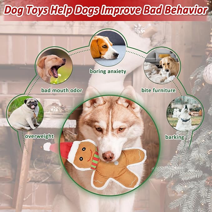 Christmas Dog Toys, 4pcs Stuffed Dog Squeaky Toys for Teething and Chewing, Tough Xmas Gift Toy Bundle Santa Toys for Small Large Dogs Puppy