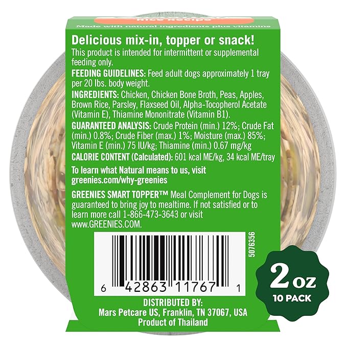 Greenies Smart Topper High Protein Wet Mix-in for Dogs, Chicken, Peas, Apples & Brown Rice Recipe in Vitabroth Broth - Bone Broth + Vitamins E & B1, 10 Count