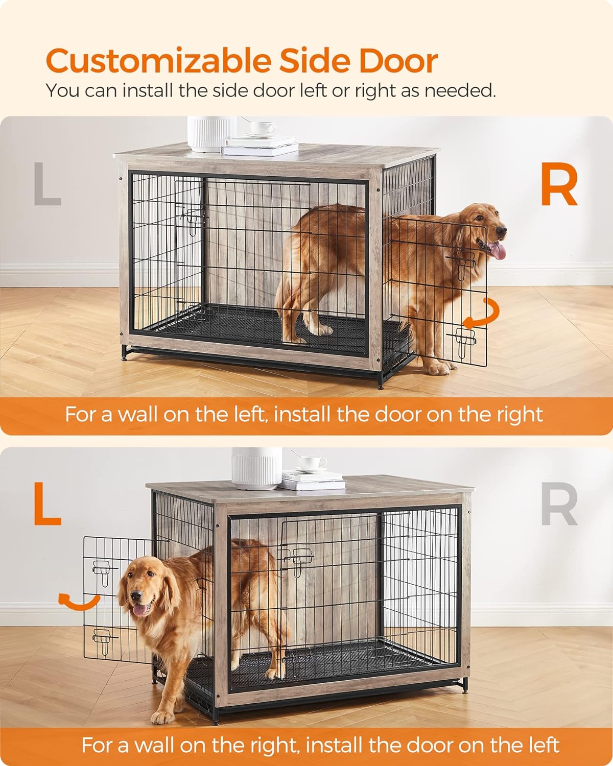 Feandrea Dog Crate Furniture, 44.1" Side End Table, Modern Kennel for Dogs Indoor up to 80 lb, Heavy-Duty Dog Cage with Multi-Purpose Removable Tray, Double-Door Dog House, Greige UPFC004G01