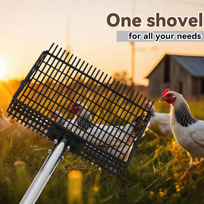2 in 1 Chicken Poop Scooper Rake , 2 Rakes and 4 Sections Adjustable Stainless Steel Handle 37.4 - 68.9 Inch, Litter Scoop Chicken Coop Scoop for Animal Farm and Poultry Habitats with Gloves