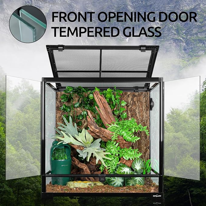 REPTIZOO 60 Gallon Glass Reptile Tank, 24" x 24" x 24" Large Reptile Terrarium Front Opening Terrarium with Double Hinge Door and Top Screen Ventilation, Easy Assembly Enclosure Tank