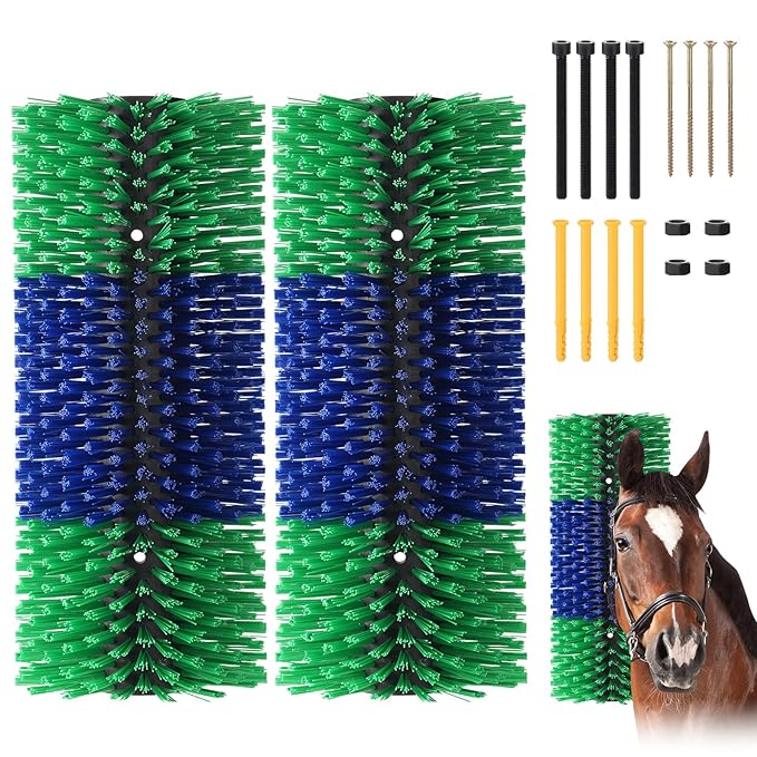 2PCS Livestock Scratch Brush, 17.5 x 7.8 Inch Goat Brushes for Grooming, Horse Brushes for Scratching, Livestock Brushing with 4 Screws for Horse, Elk, Cattle, Pig, Sheep（Green）