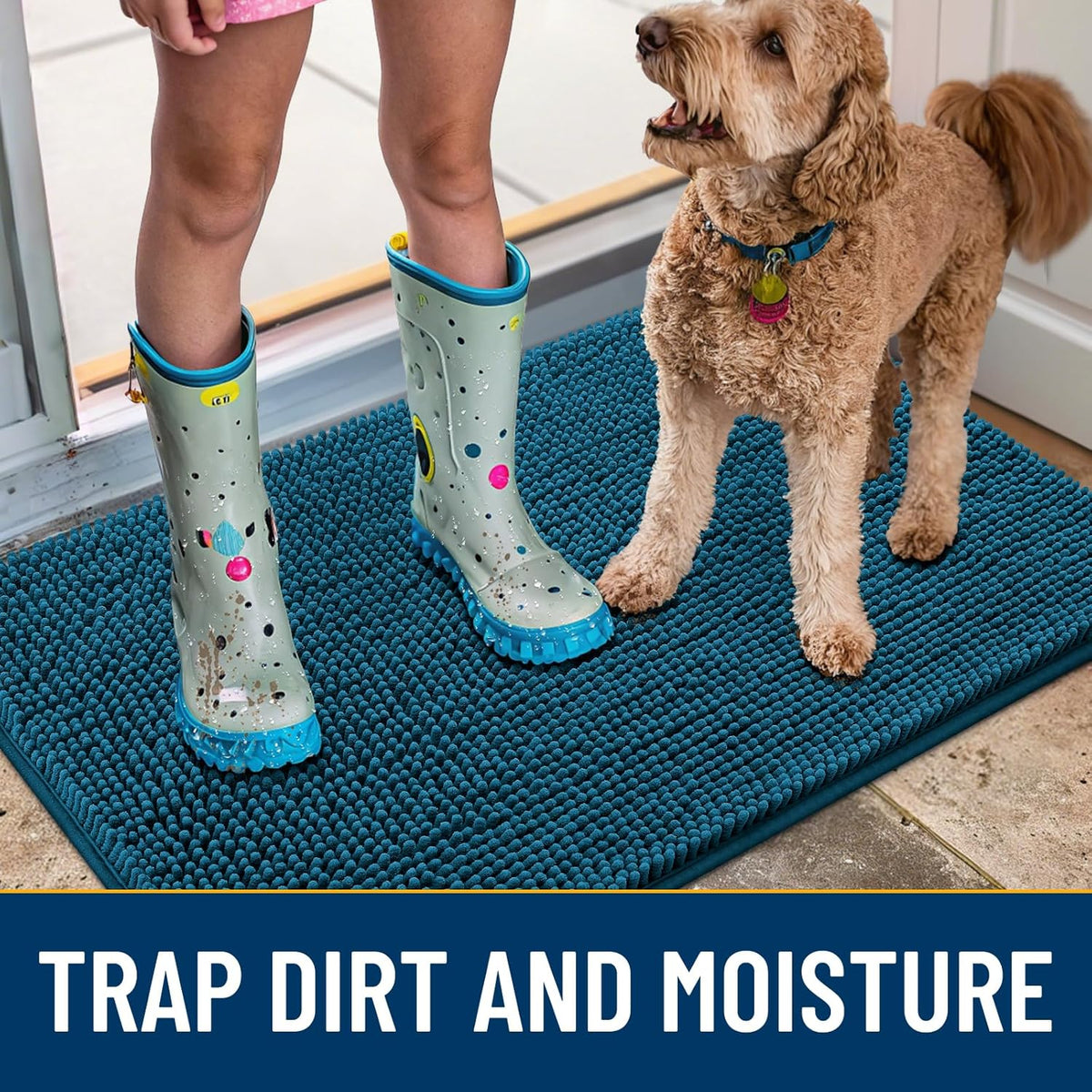 Smiry Dog Door Mat for Muddy Paws 47x24, Absorbs Moisture and Dirt Doormat, Non-Slip Washable Quick Dry Chenille Front Door Mat Indoor Entrance, Entryway Carpet for Inside Floor, Atlantic Blue