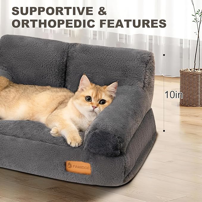 Cat Couch Bed - Cat Bed for Indoor Cats, Calming Pet Sofa Puppy Sleeping Bed with Removable Washable Cover, Cute Dog Couch and Kitty Lounge Chair for 12lbs Cats & Small Dogs(Dark Grey)