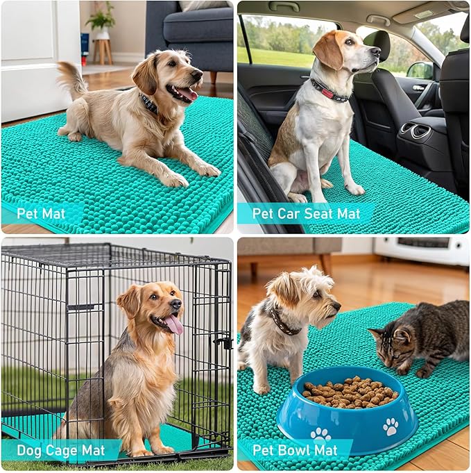 OLANLY Dog Door Mat for Muddy Paws 36x24, Absorbs Moisture and Dirt, Absorbent Non-Slip Washable Doormat, Quick Dry Chenille Mud Mat for Dogs, Entry Indoor Entryway Carpet for Inside Floor, Teal