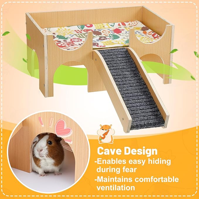 Upgraded Guinea Pig Castle, Sturdy Wooden Guinea Pig Hideout, Small Animal House Bed Hut Habitats with Stairs, Easy to Assemble for Hamsters Bunny Chinchillas Playing Hiding