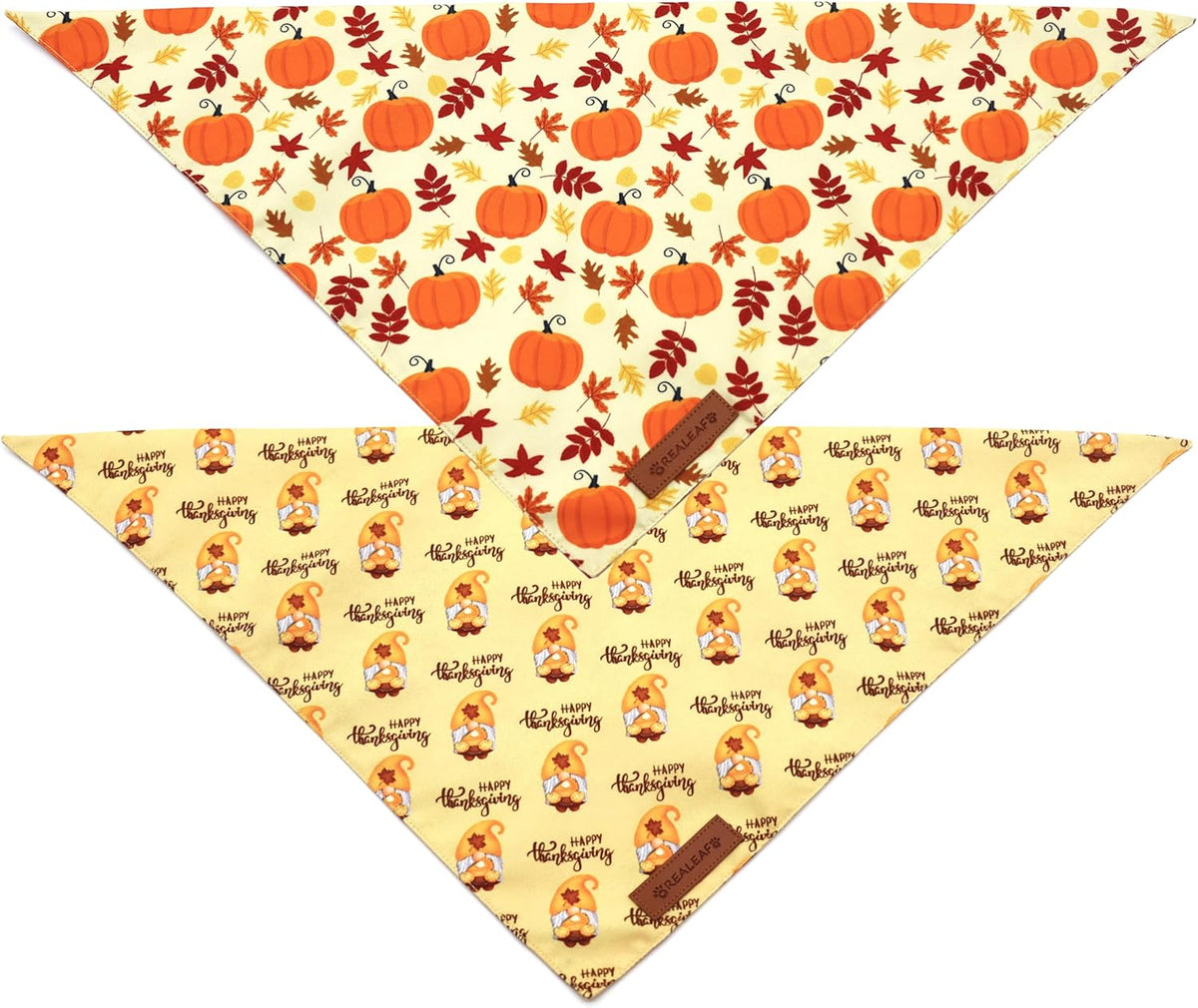 Realeaf Thanksgiving Dog Bandanas 2 Pack, Pumpkins and Happy Thanksgiving Pet Scarf for Boy and Girl, Premium Durable Fabric, Reversible Holiday Bandana for Small and Medium Dogs Pets (Small)