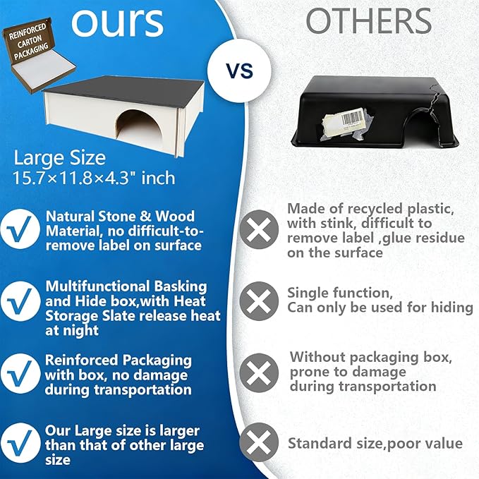 Large Snake Hide with Slate Reptile Hide Box Ball Python Hide 15.7×11.8×4.3"(XL) Reptile Hides Snake Hides for Ball Pythons Leopard Geckos 100% Natural Stone & Wood Reinforced Packaging