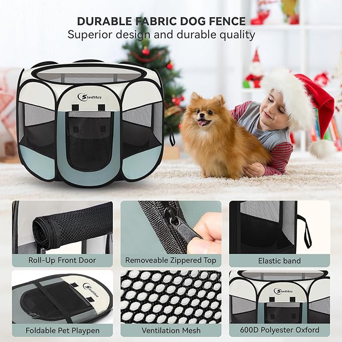 Dog Playpen, Puppy Pet Playpen, Medium Dogs Tent Crates Cage Indoor/Outdoor, Portable Pop Up Dog Kennel Playpen with Carrying Case for Dogs/Cats/Rabbits, Removable Zipper Top, Grey