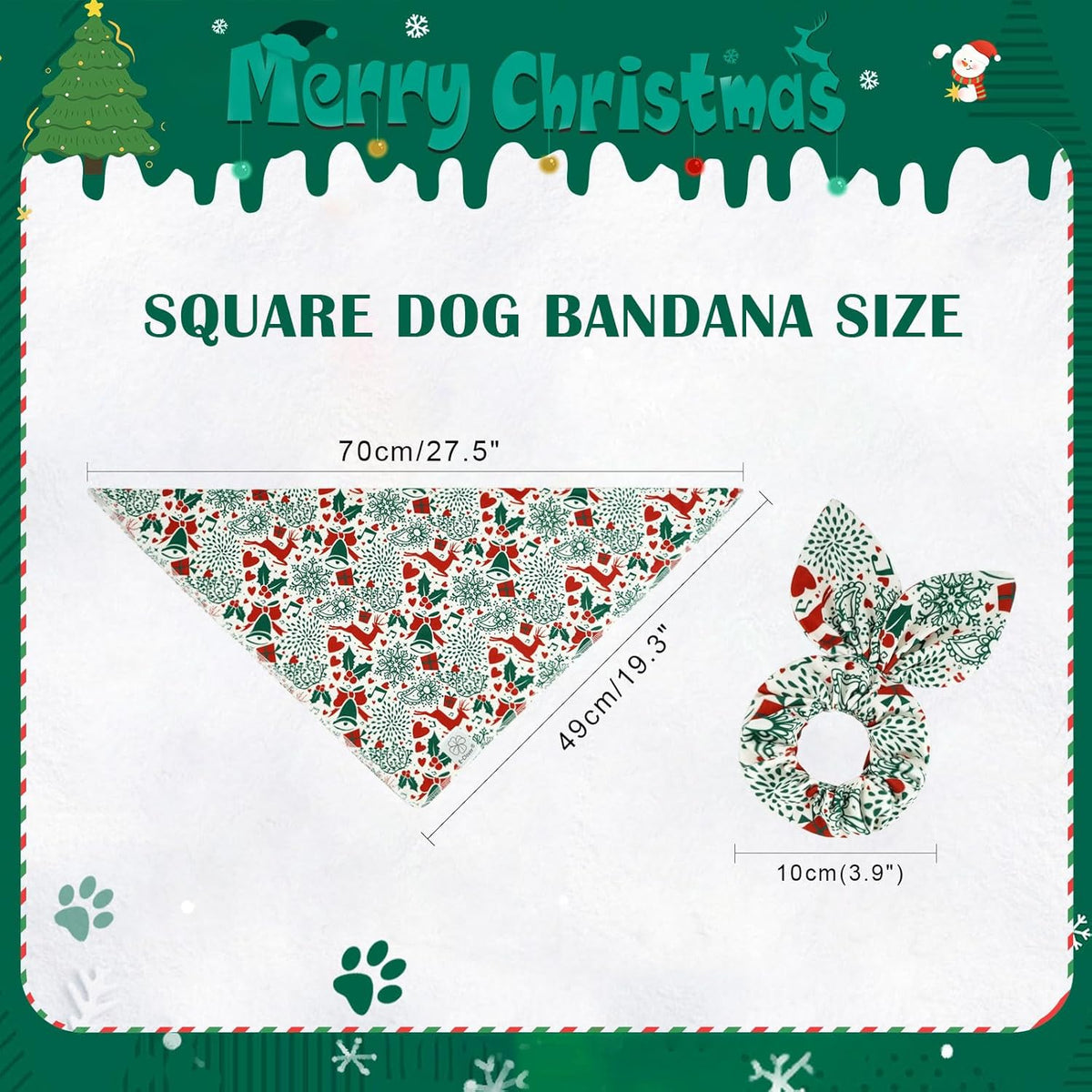 E-Clover Christmas Dog Bandanas & Matching Scrunchie Set White Green Red Dog Scarf Bibs Pet Bandana with Bow Tie for Medium Large Dogs Owner Mom Winter