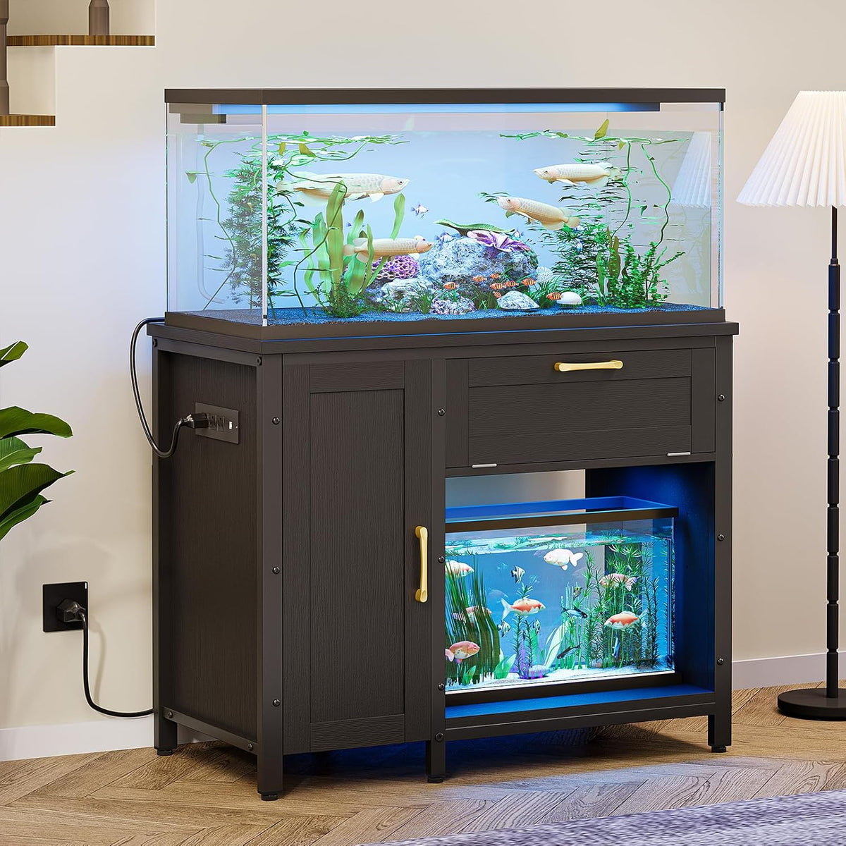 Bestier 40-50 Gallon Fish Tank Stand with Power Outlet&LED Light, 37x18 Heavy-Duty Metal Aquarium Stand with Cabinet&Drawer for Accessories Storage, Suit for Reptile/Turtle Terrarium,660Lbs Capacity