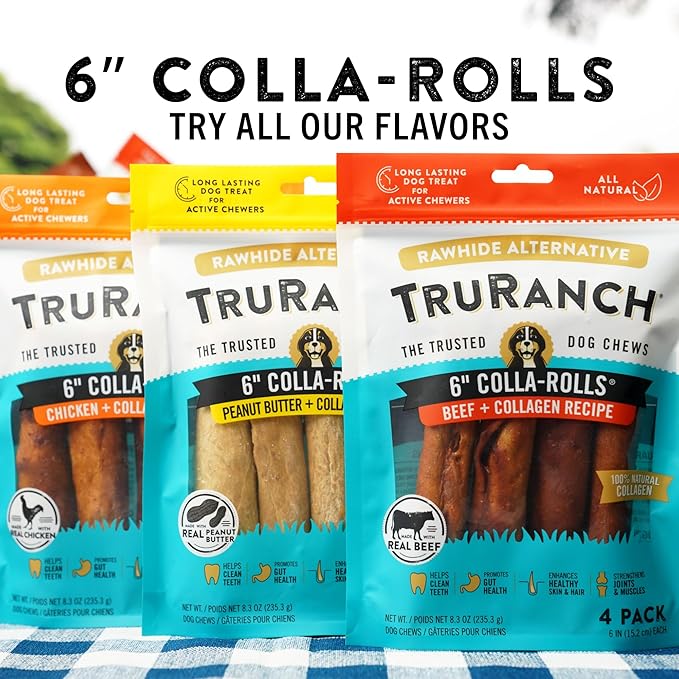 Collagen Rolls - 6" Collagen Rolls for Dogs - Long Lasting Healthy Joint Support Dog Treat - Rawhide Alternative - Skin & Coat Health - Made with Real Beef, 1 Bag, 4 Count
