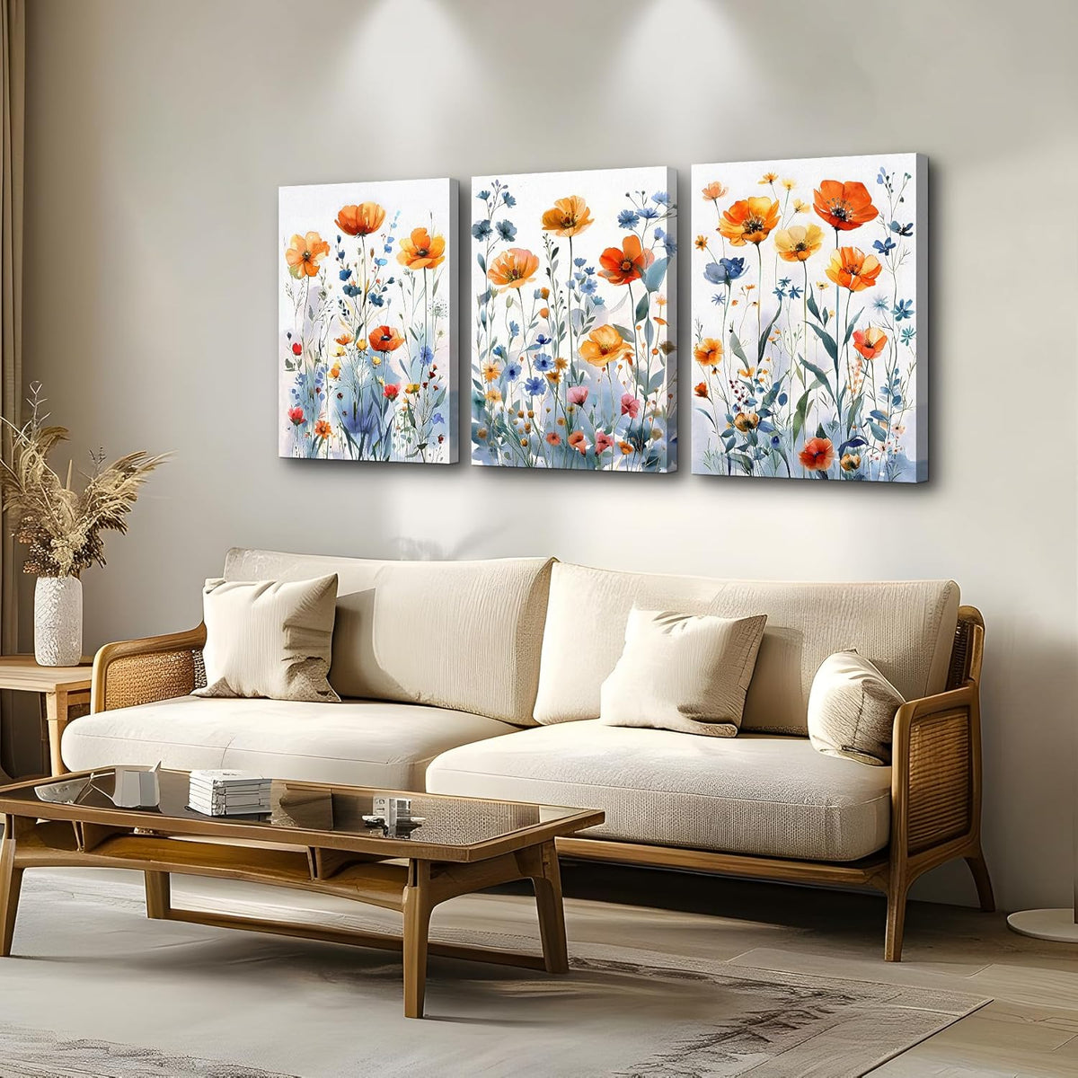 TTHYUEWS Boho Wall Art for Living Room Canvas Wall Decor for Bedroom Modern Wall Decorations For Dining Room Family Wall Pictures Artwork Flowers Watercolour Paintings Posters Home Decor 3 Piece
