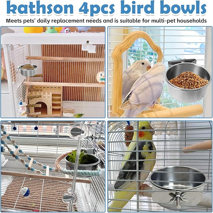 kathson 4 Pack Bird Feeding Dish Cups, Stainless Steel Parrot Feeders Water Cage Bowls with Clamp Holder Bird Feeders for Parakeet Cockatiels Conure Budgies Lovebird Finch and Small Animals