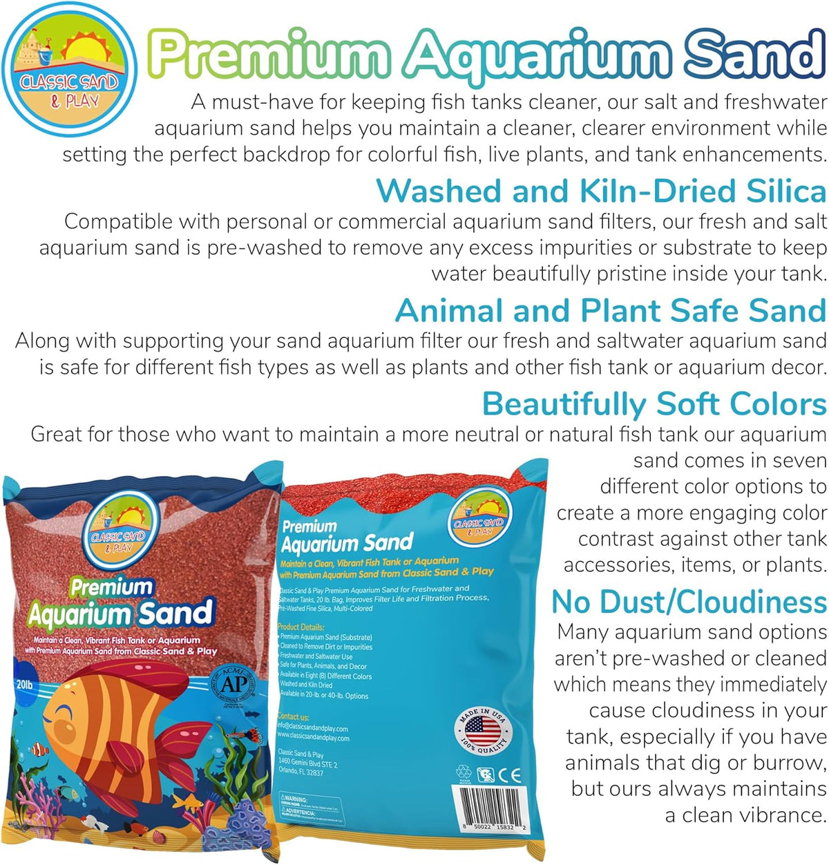 CLASSIC SAND & PLAY Natural Aquarium Sand for Freshwater and Saltwater Tanks, 20 lb. Bag, Improves Filter Life and Filtration Process, Pre-Washed Fine Sand, Orange