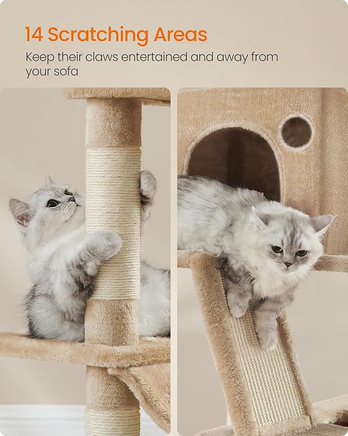 Feandrea Cat Tree, 81.1-Inch Large Cat Tower with 13 Scratching Posts, 2 Perches, 2 Caves, Basket, Hammock, Pompoms, Multi-Level Plush Cat Condo for Indoor Cats, Camel Brown UPCT190K01