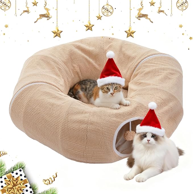 PEQULTI Cat Donut Tunnel with Bed for Indoor Cats, Cat Play Tunnel with Washable Soft Plush Mat, Round Tube Toys Cute Tube for Kittens, Puppies, Rabbits and Ferrets, Beige