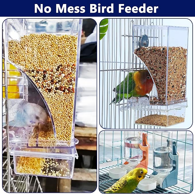 VERTUPET No Mess Bird Feeders with Water Dispenser Automatic Transparent Acrylic Food Container Drinker for Cage Automatic Parrot Feeder Seed Container Cage Accessories (Blue)