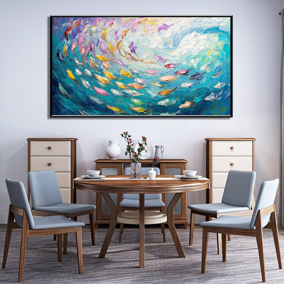 Fish Canvas Wall Art, Abstract School of Fish Canvas Wall Art, School of Fish Painting Canvas, School of Fish Wall Art, Fish Wall Decor, Fish Pictures Wall Decor, Bedroom Canvas Wall Decor (Gold Framed, 48"x27" | 122x68cm)