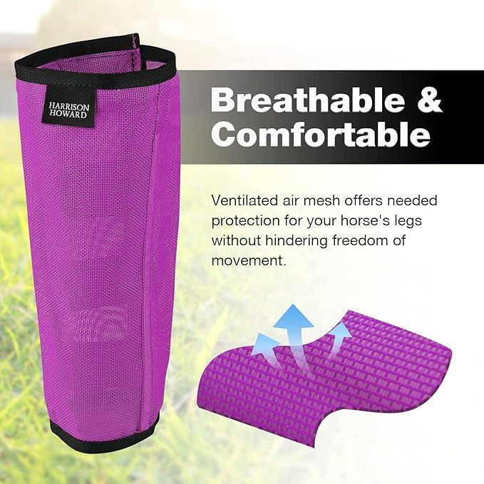 Harrison Howard Loose Fitting Fly Boots UV-Protective Extra Tough Mesh Ventilated Four Fasteners Stay-on Design Protect Horse Legs & Stomp-Reducing Set of 4 Purple Mini