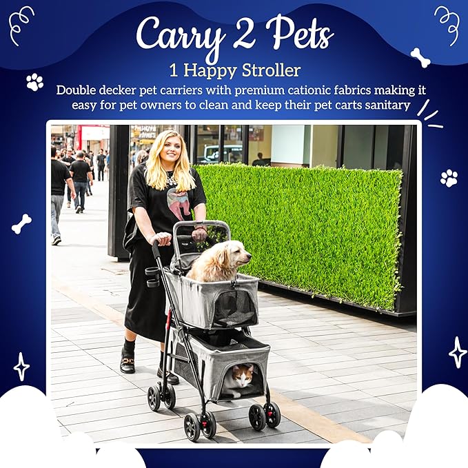 Detachable Pet Double Stroller with 4 Rolling Casters for 2 Pets – Lightweight Multifunctional Travel Stroller with Mesh Windows, Cup Holder, Sun Shades & Storage Pocket for Puppy and Kitty