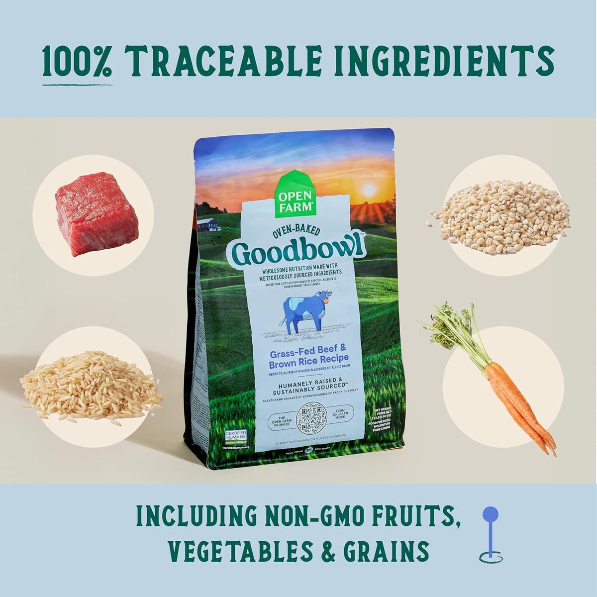 Open Farm Goodbowl, Oven-Baked Small Batch Dry Dog Food - Grass-Fed Beef & Brown Rice Recipe, Includes Non-GMO Produce & Grains, 22lb Bag (352oz Bag)