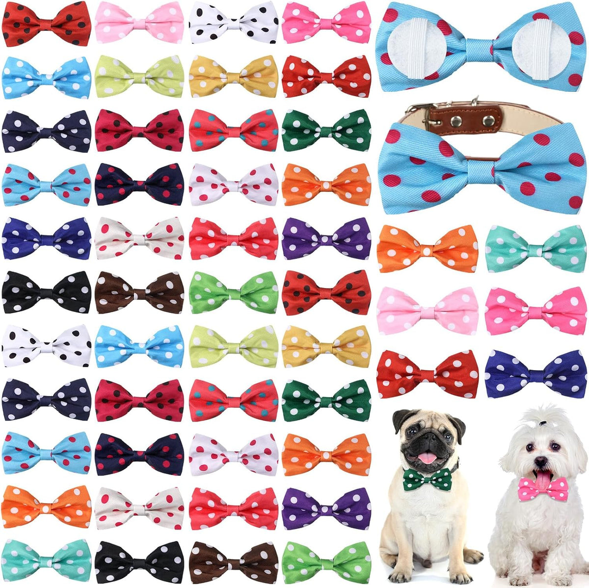 Reginary 50 Pieces Dog Bow Ties Pet Collar Bow Puppy Collar Attachment with Rubber Bands for Small Medium Cat Pet Grooming Charms Accessories Wedding Birthday Occasion (Polka Dot Style)