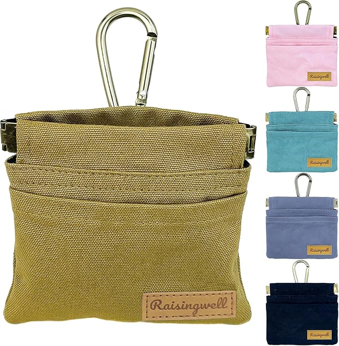 Dog Treat Pouch, Brown Pocket Sized Pet Training Pouch, Cotton Fabric, Hand Free Dog Walking Bag with Carabiner, Self-Closing Pet Feed Snack Reward, for Puppy Travel or Outdoor Use