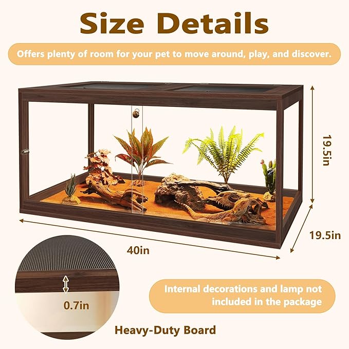 PROLEE Bearded Dragon Tank,60 Gallon Reptile Tank with Meatl Mesh Roof and Front Sliding Door, Anti-Scratch Lizard Tank,Spacious Reptile Enclosure for Snakes,Lguanas, Chameleons(Walnut)
