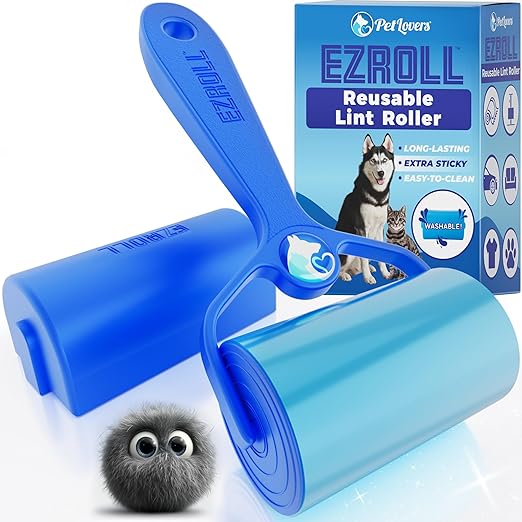 PetLovers EzRoll Reusable Lint Roller - Sticky for Life & Multi-Purpose Pet Hair, Dust, & Lint Remover for Clothing, Upholstery, & Cars - Sustainable, Washable & Efficient