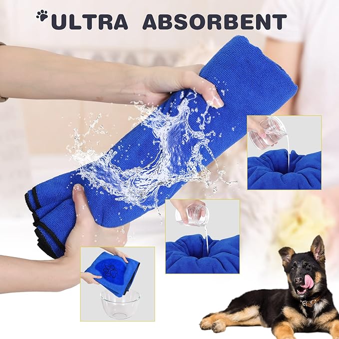 Chumia 4 Pack Dog Towels for Drying Large Microfiber Grooming Tools Absorbent Soft Bath Supplies with Embroidered Paw for Small Medium Pet Products(16 x 32 Inch,Blue)