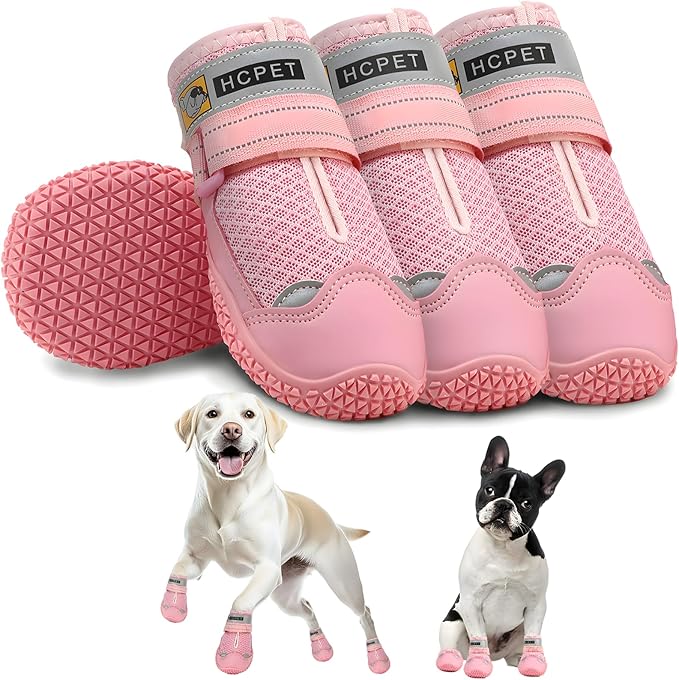 Hcpet Dog Shoes for Large Dogs, Breathable Dog Booties for Small Medium Dogs, Anti-Slip Dog Boots & Paw Protectors for Hot Pavement Winter Snow Hiking with Reflective Straps Pink Size 7