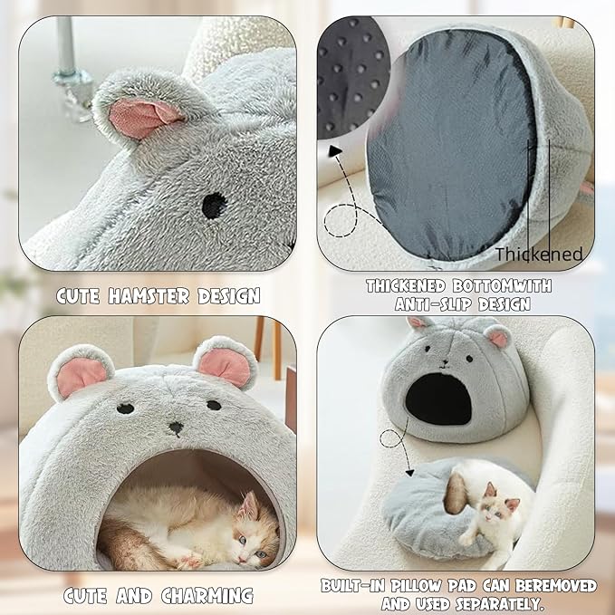 Cozy Mouse Ear Pet Cave Bed Ultra-Soft Gray Plush cave Bed, Cat Cave Beds Cat House Cat Tent with Removable Washable Cushioned Pillow, Cat Beds&Dog Beds,Perfect for Small & Medium Pets(Big)