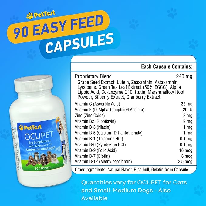 Ocupet Advanced Vision & Eye Health Supplement for Cats & Small-Medium Dogs, Packed with Natural B12, Grape Seed Extract & Lutein to Support Pets with Diabetes or Eye Related Conditions-90 Capsules