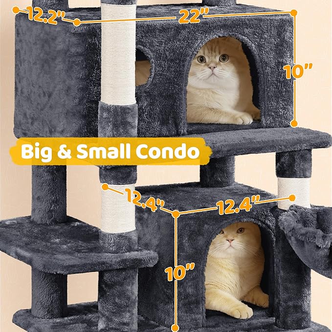 Yaheetech Cat Tree, 67in Large Tower w/ 3 Removable Teaser Sticks, 2 Kitten-Ear Shaped Perches, 2 Condos, Hammock, Scratching Post, Multi Level Pet House, Dark Gray