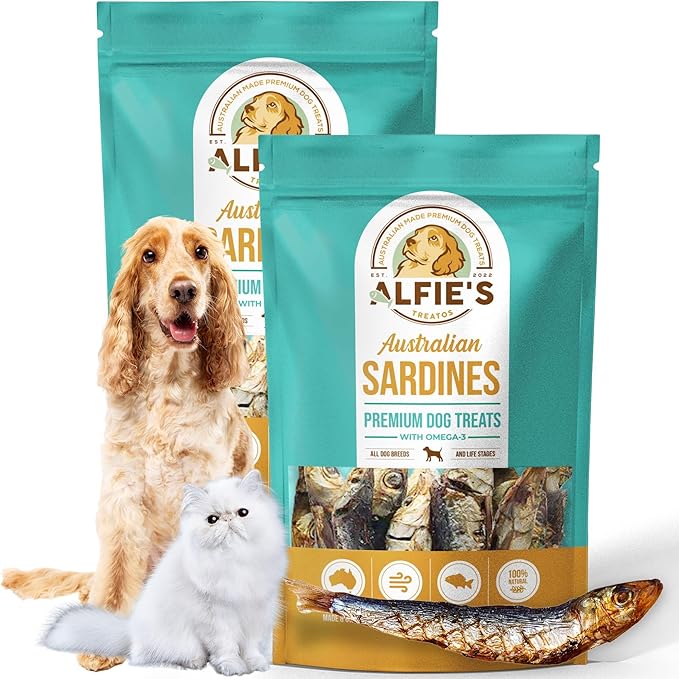 ALFIE'S TREATOS Sardines for Dogs & Cats (5.3 oz, 2x2.65 oz), Value Bundle, Air-Dried Fish Dog Treats, Omega-3 Food Topper, Single Ingredient, Australian Wild-Caught, Freeze-Dried Alternative
