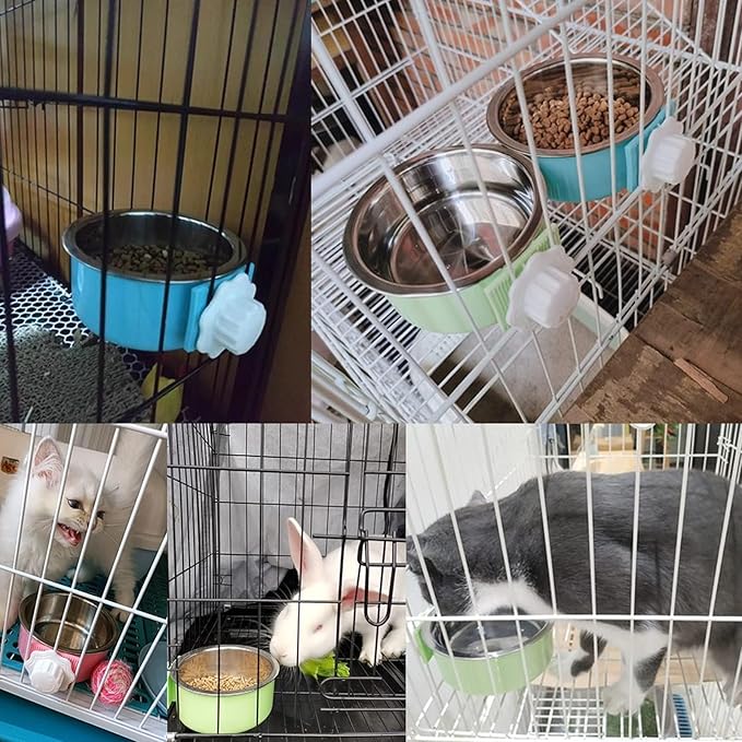 kathson Crate Dog Bowl, Removable Stainless Steel Hanging Pet Cage Bowl Food & Water Feeder Coop Cup for Cat, Puppy, Birds, Rats, Guinea Pigs (2 PCS, Size: M, Green and Pink)