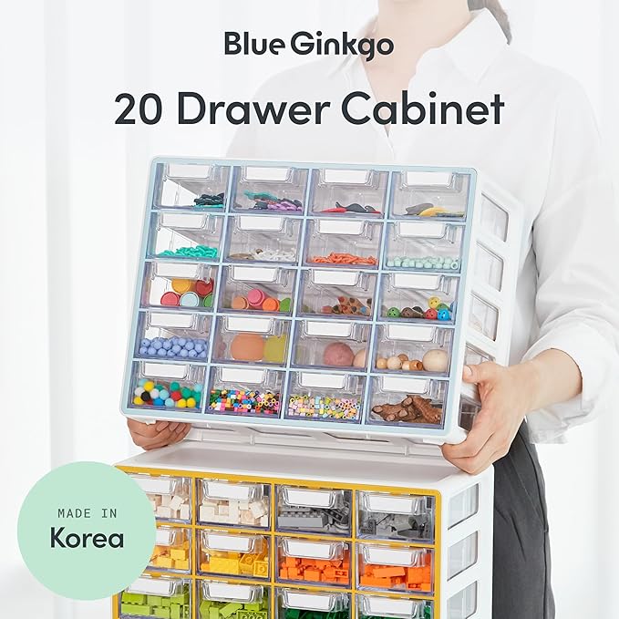Blue Ginkgo Small 20-Drawer Cabinet – Stackable Clear Organizer for Hardware, Beads, Plastic Bricks, Office, and Craft Storage (Made in Korea, Blue)