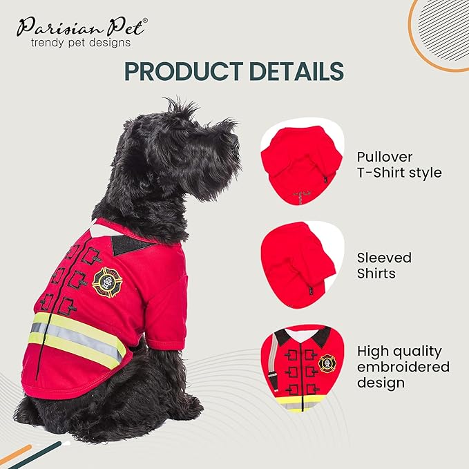 Parisian Pet Dog Shirt - Embroidered Dog Firefighter Costume - 100% Cotton and Polyester Dog Clothes - Sleeved Pet Costumes - Red Dog Costumes for Small Dogs - Lightweight Pet Shirts - S