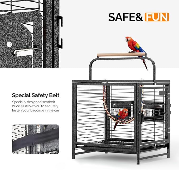VINGLI Bird Cage, 25 inch Wrought Iron Bird Travel Carrier, Cage with Handle for Parakeets, Parrot, Lovebirds, Finches, Small/Medium Birds