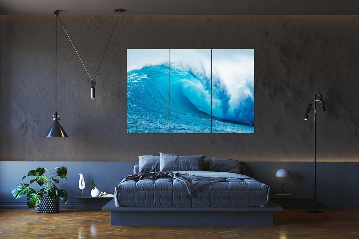 Nature Wall Art Prints - Ocean Forest Mountain Lake Canvas Landscapes - Small to Extra Large Living Room Bedroom Kitchen Bathroom Décor (Blue Ocean Wave, 39L" x 59W" - 3 Panels)