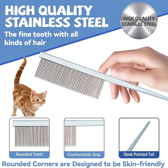 Grooming Pet Comb Rat Tail Dematting Cat and Dog Comb，Rounded Ends Design for Safe Tangle Removal, Hairstyling, Massage，Loose Hair Removal，Prevent Irritation，Fluffing Paws,Face,Tail,Remove Tear Stain